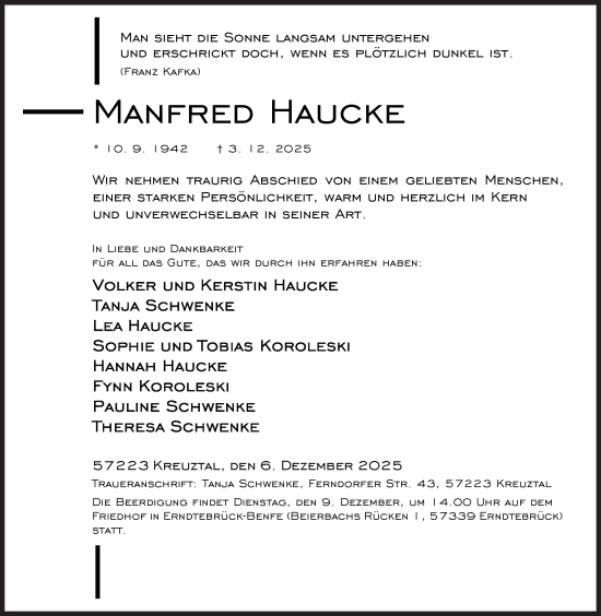 Traueranzeige von Manfred Haucke von Siegener Zeitung