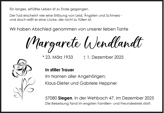 Traueranzeige von Margarete Wendlandt von Siegener Zeitung