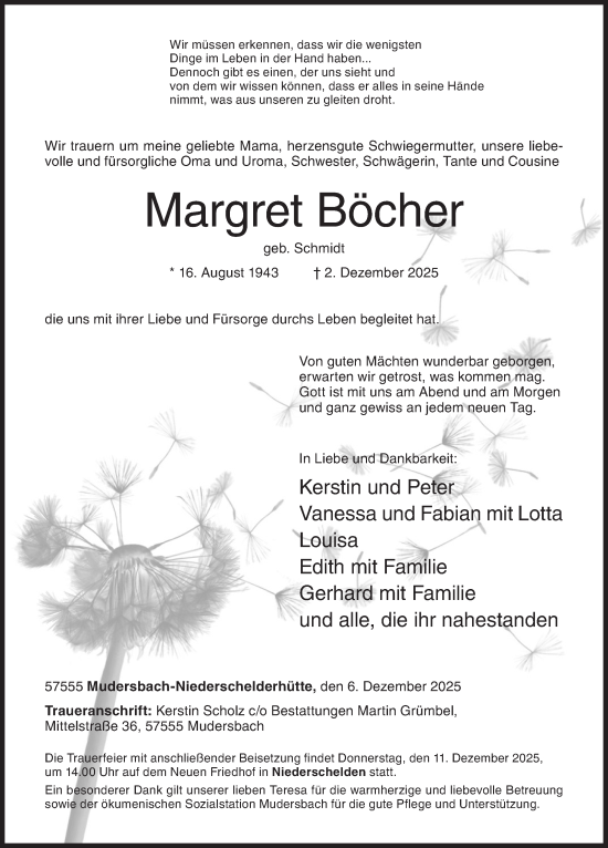 Traueranzeige von Margret Böcher von Siegener Zeitung