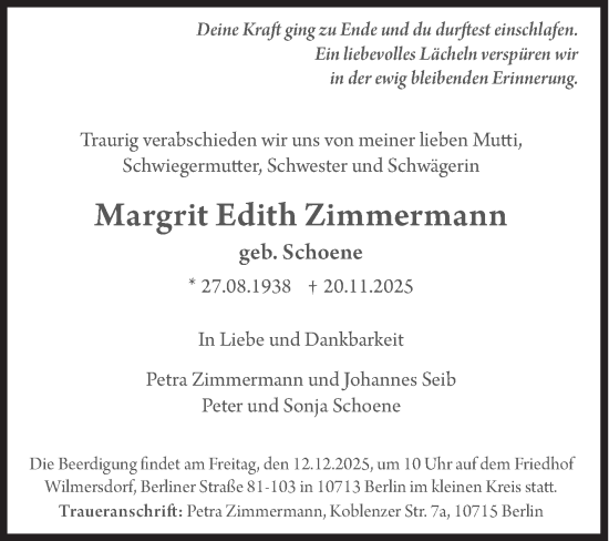 Traueranzeige von Margrit Edith Zimmermann von Siegener Zeitung