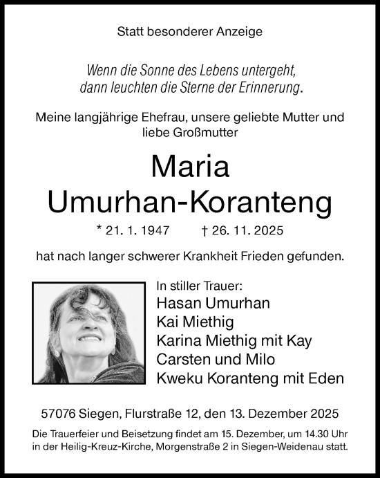 Traueranzeige von Maria Umurhan-Koranteng von Siegener Zeitung