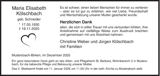 Traueranzeige von Maria Elisabeth Kölschbach von Siegener Zeitung