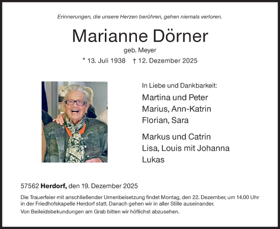 Traueranzeige von Marianne Dörner von Siegener Zeitung