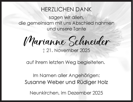 Traueranzeige von Marianne Schneider von Siegener Zeitung