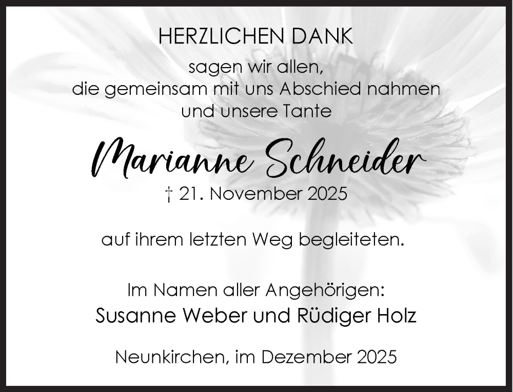  Traueranzeige für Marianne Schneider vom 13.12.2025 aus Siegener Zeitung