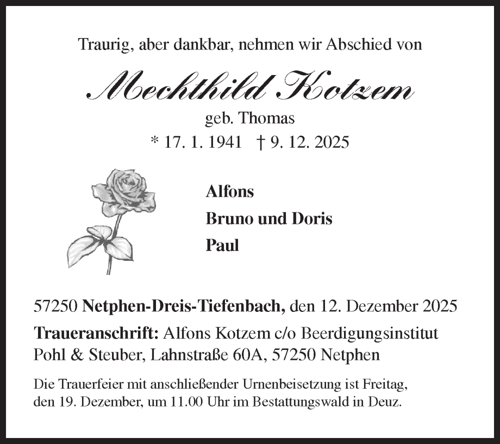  Traueranzeige für Mechthild Kotzem vom 12.12.2025 aus Siegener Zeitung