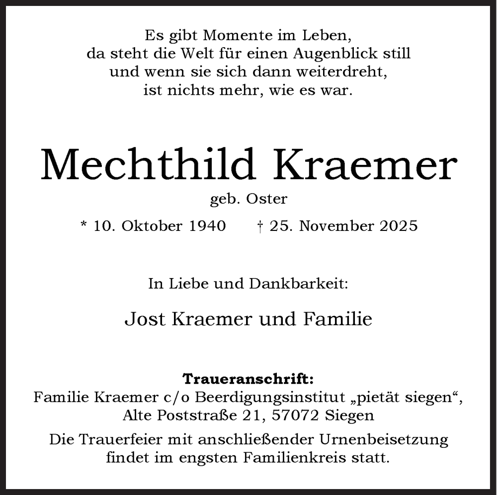  Traueranzeige für Mechthild Kraemer vom 05.12.2025 aus Siegener Zeitung