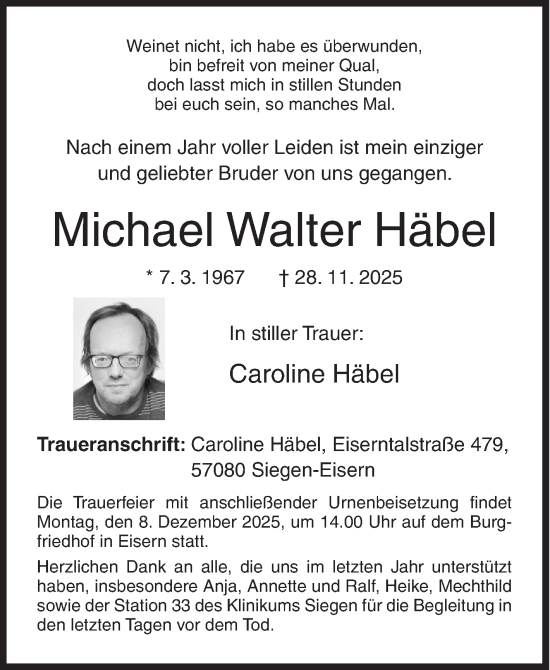 Traueranzeige von Michael Walter Häbel von Siegener Zeitung
