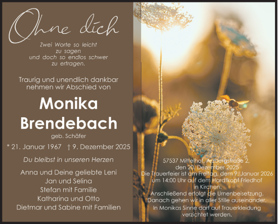 Traueranzeige von Monika Brendebach von Siegener Zeitung