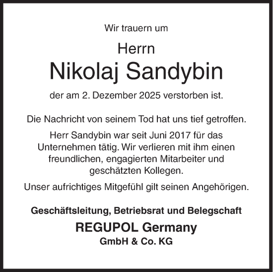 Traueranzeige von Nikolaj Sandybin von Siegener Zeitung