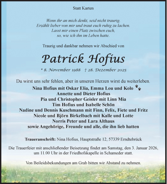 Traueranzeige von Patrick Hofius von Siegener Zeitung