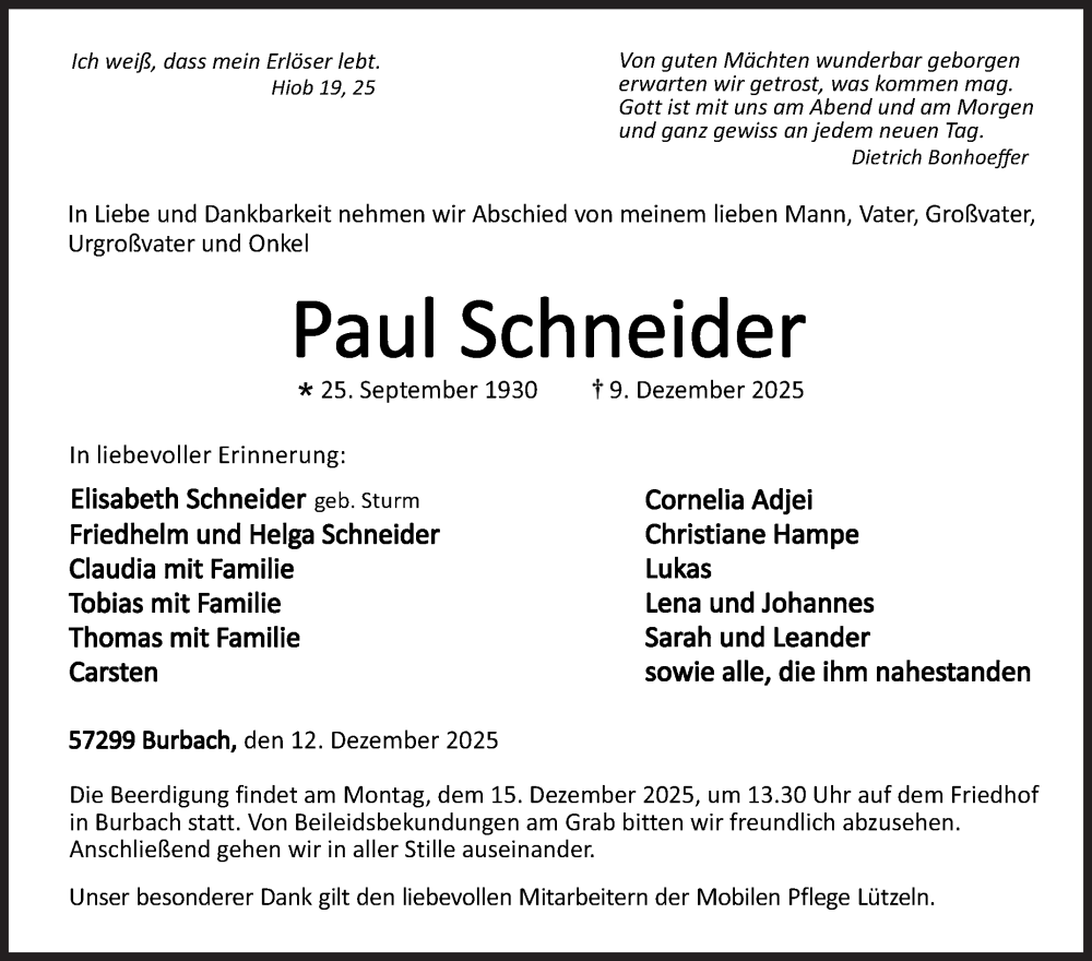  Traueranzeige für Paul Schneider vom 12.12.2025 aus Siegener Zeitung