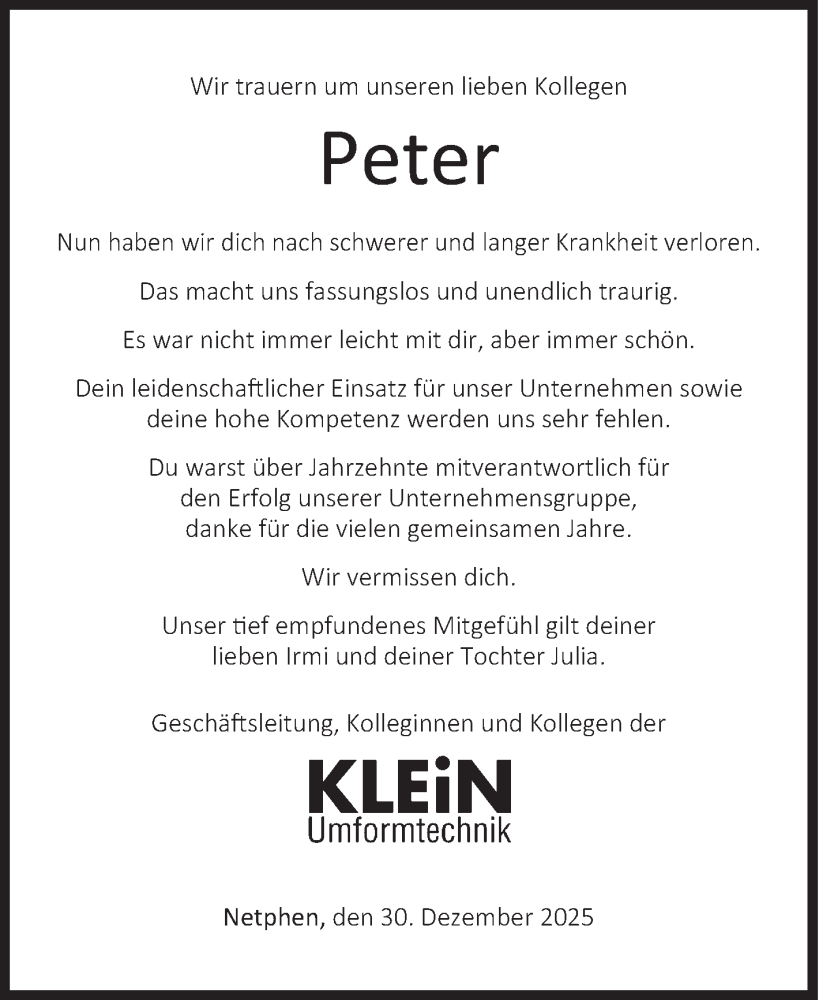  Traueranzeige für Peter  vom 30.12.2025 aus Siegener Zeitung
