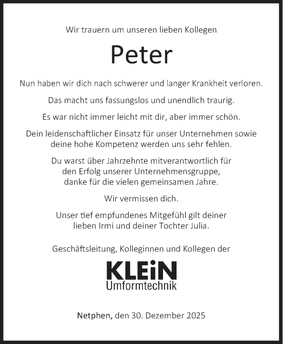 Traueranzeige von Peter  von Siegener Zeitung