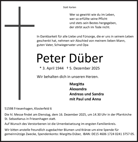 Traueranzeige von Peter Düber von Siegener Zeitung