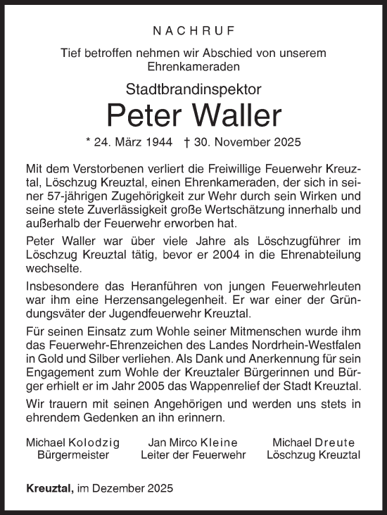 Traueranzeige von Peter Waller von Siegener Zeitung