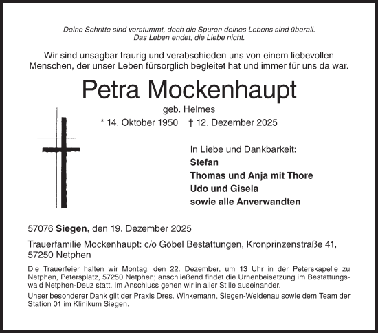 Traueranzeige von Petra Mockenhaupt von Siegener Zeitung