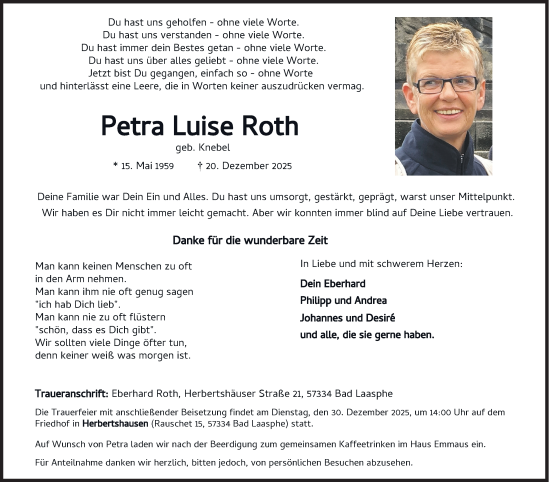 Traueranzeige von Petra Luise Roth von Siegener Zeitung