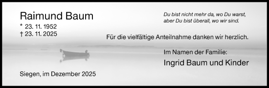 Traueranzeige von Raimund Baum von Siegener Zeitung