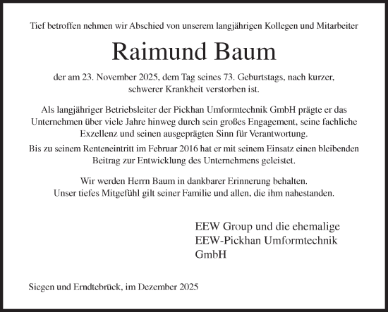 Traueranzeige von Raimund Baum von Siegener Zeitung