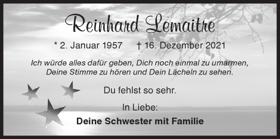 Traueranzeige von Reinhard Lemaitre von Siegener Zeitung