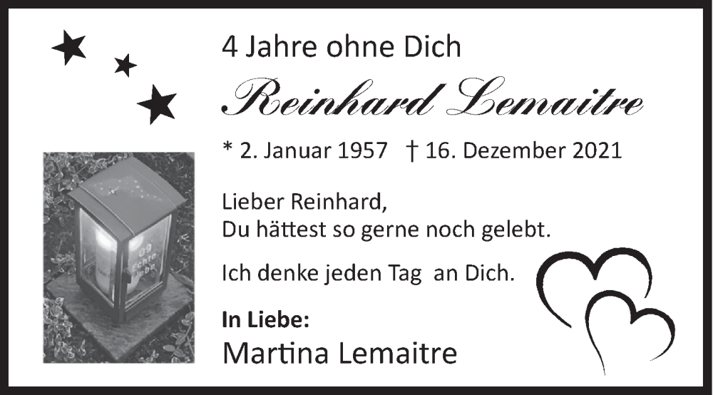  Traueranzeige für Reinhard Lemaitre vom 16.12.2025 aus Siegener Zeitung