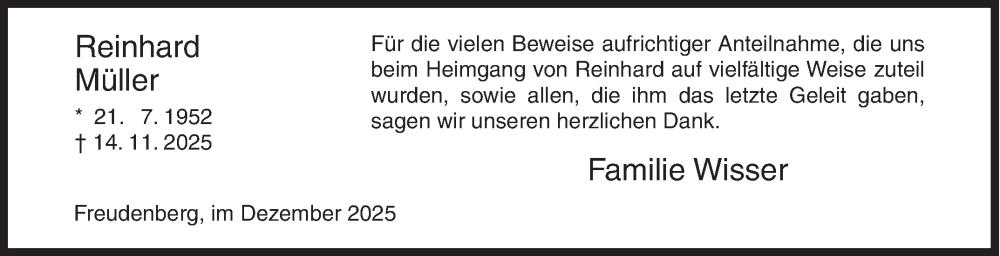  Traueranzeige für Reinhard Müller vom 27.12.2025 aus Siegener Zeitung