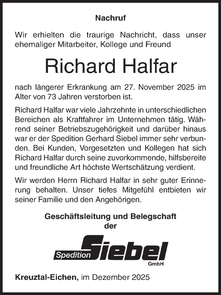  Traueranzeige für Richard Halfar vom 06.12.2025 aus Siegener Zeitung