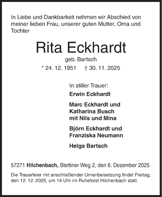 Traueranzeige von Rita Eckhardt von Siegener Zeitung