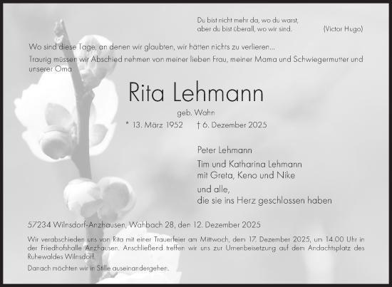Traueranzeige von Rita Lehmann von Siegener Zeitung