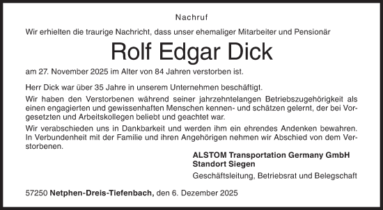 Traueranzeige von Rolf Edgar Dick von Siegener Zeitung