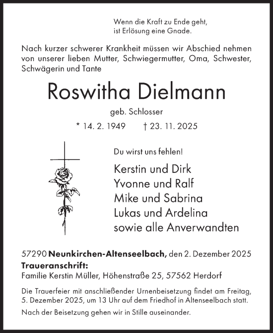 Traueranzeige von Roswitha Dielmann von Siegener Zeitung