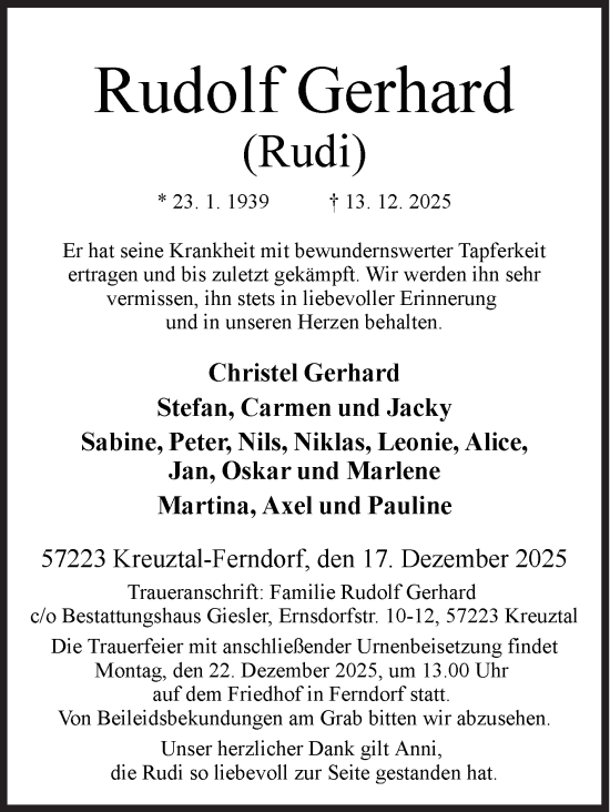 Traueranzeige von Rudolf Gerhard von Siegener Zeitung