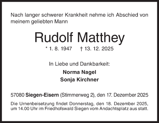 Traueranzeige von Rudolf Matthey von Siegener Zeitung