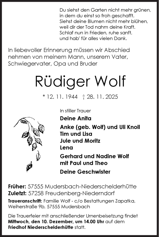 Traueranzeige von Rüdiger Wolf von Siegener Zeitung
