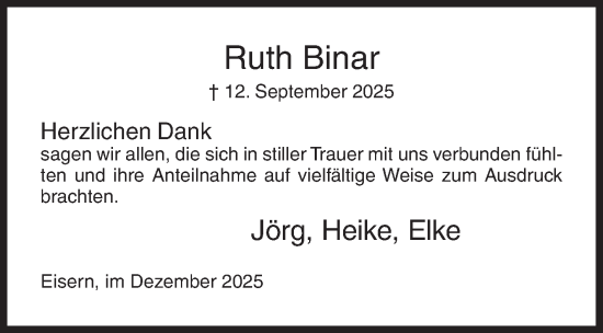 Traueranzeige von Ruth Binar von Siegener Zeitung