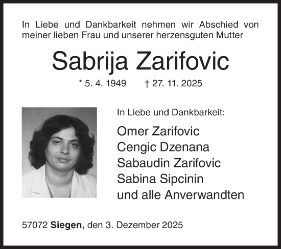 Traueranzeige von Sabrija Zarifovic von Siegener Zeitung