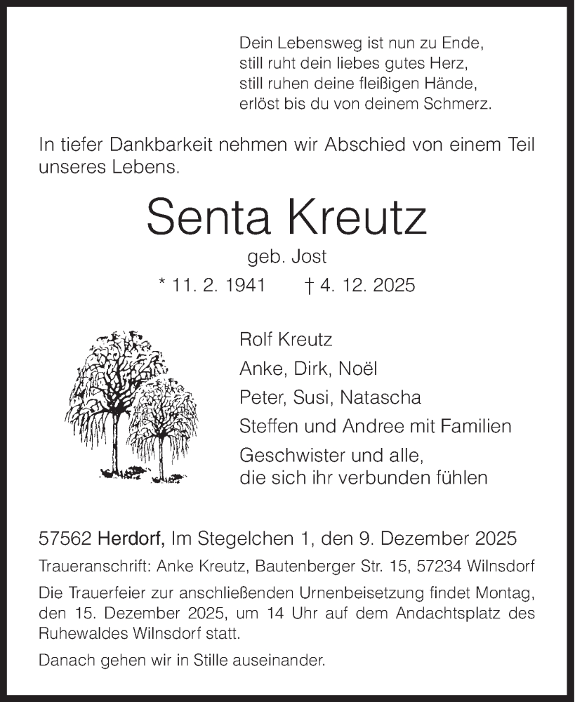  Traueranzeige für Senta Kreutz vom 09.12.2025 aus Siegener Zeitung