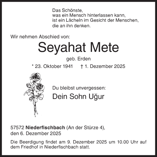 Traueranzeige von Seyahat Mete von Siegener Zeitung