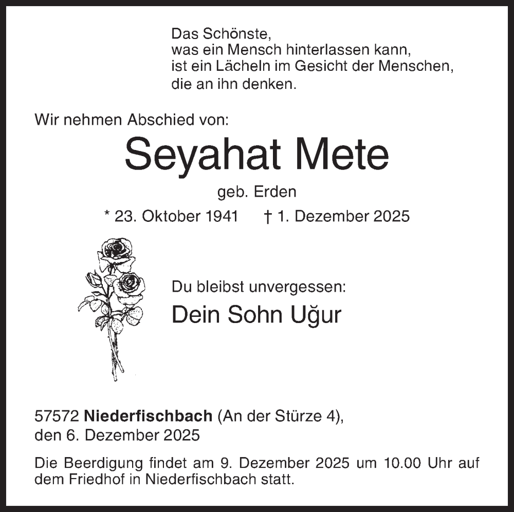  Traueranzeige für Seyahat Mete vom 06.12.2025 aus Siegener Zeitung