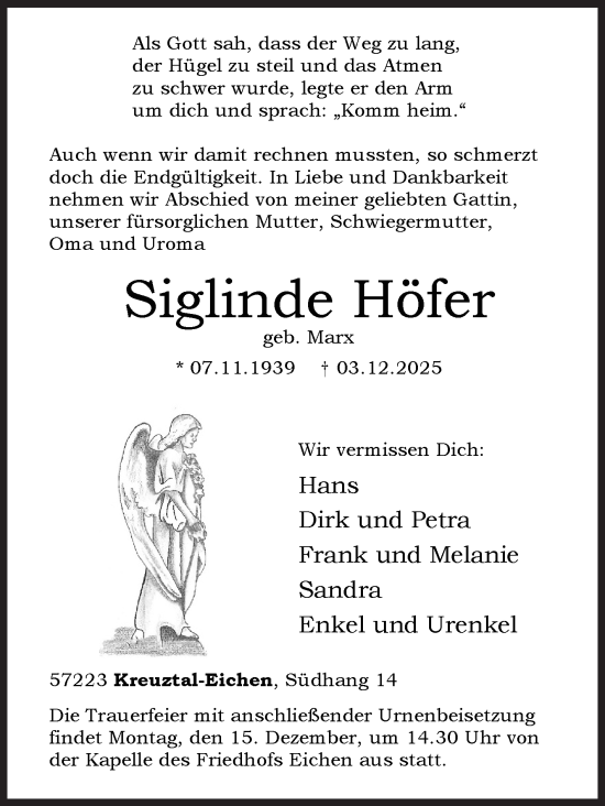 Traueranzeige von Siglinde Höfer von Siegener Zeitung