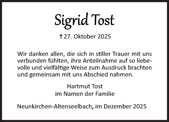 Traueranzeige von Sigrid Tost von Siegener Zeitung