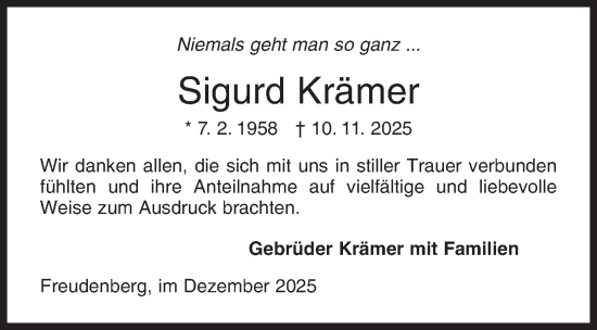 Traueranzeige von Sigurd Krämer von Siegener Zeitung