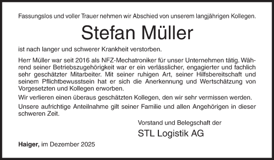 Traueranzeige von Stefan Müller von Siegener Zeitung
