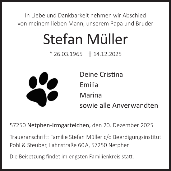 Traueranzeige von Stefan Müller von Siegener Zeitung