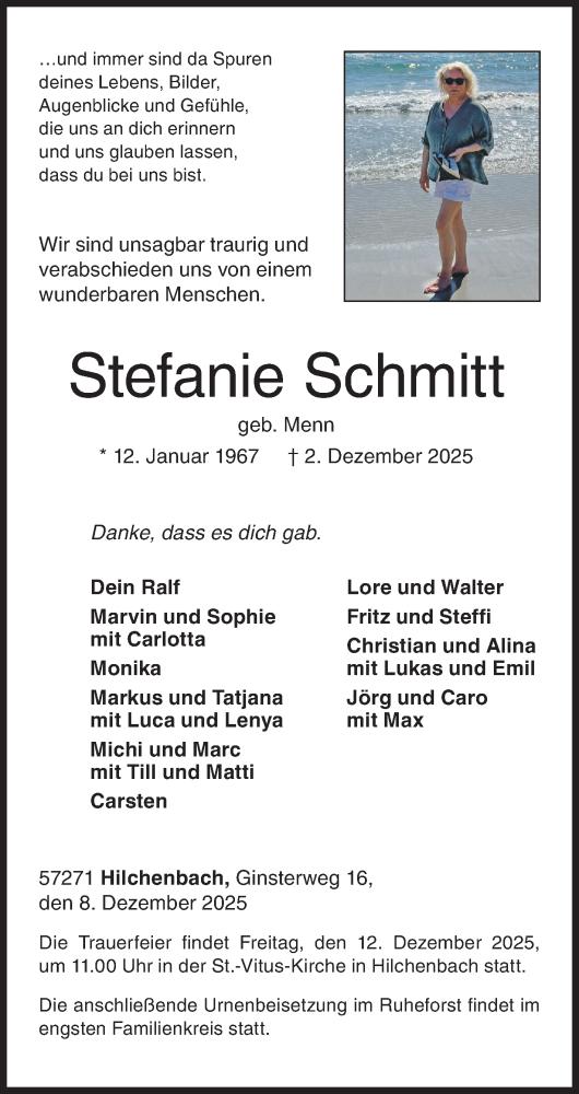 Traueranzeige von Stefanie Schmitt von Siegener Zeitung