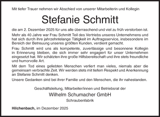Traueranzeige von Stefanie Schmitt von Siegener Zeitung