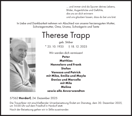 Traueranzeige von Therese Trapp von Siegener Zeitung