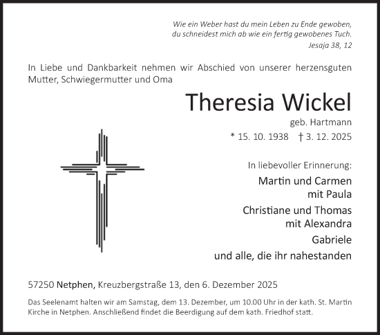 Traueranzeige von Theresia Wickel von Siegener Zeitung