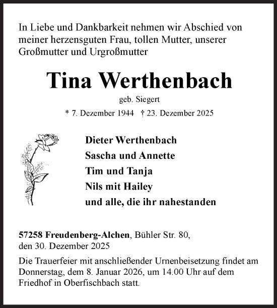 Traueranzeige von Tina Werthenbach von Siegener Zeitung